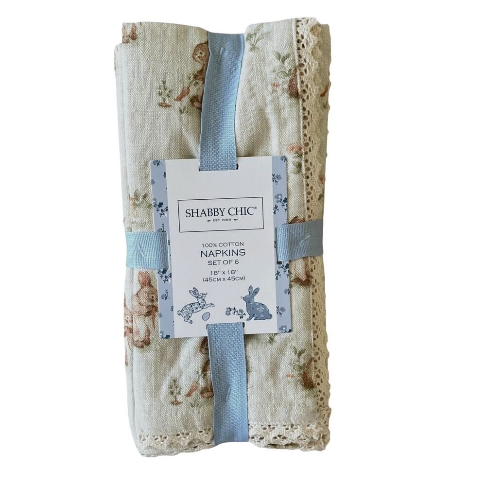 6pc SHABBY CHIC Vintage Garden Bunnies Cotton Napkins 18x18 Beige Lace Trim New